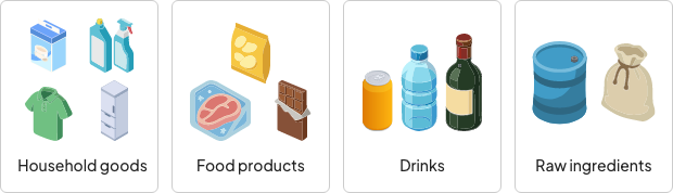 Household goods. Food products. Drinks. Raw ingredients.